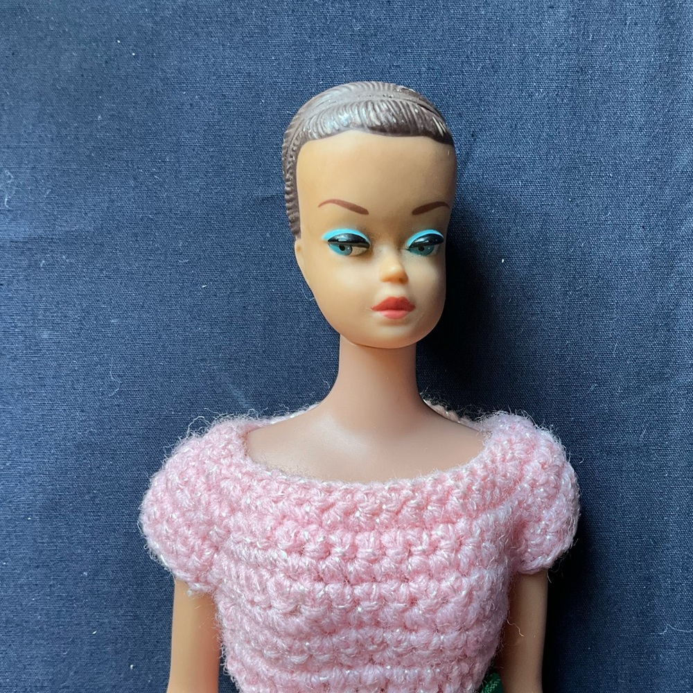 Vintage 1960s Barbie Doll in Homemade Pink Crochet Dress No Wigs Japan Foot